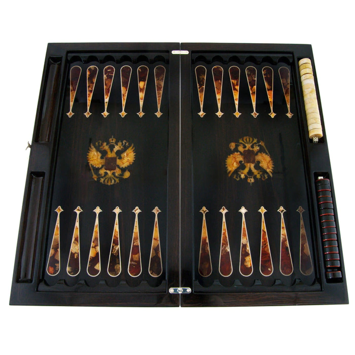 Backgammon made of stained oak and amber "Coat of Arms of the Russian Federation"