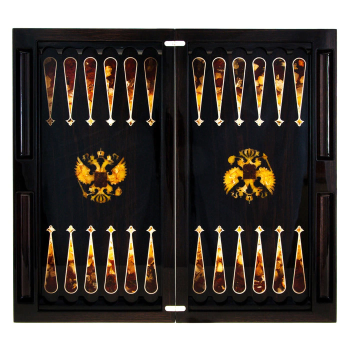 Backgammon made of stained oak and amber "Coat of Arms of the Russian Federation"