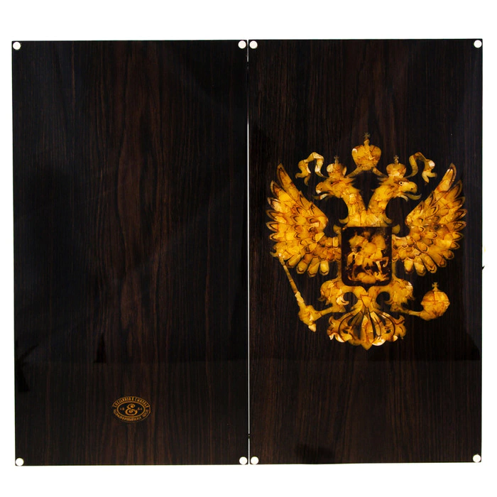 Backgammon made of stained oak and amber "Coat of Arms of the Russian Federation"