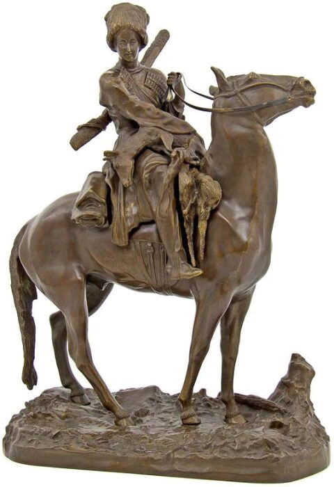 Bronze sculpture "Highlander riding a Kabardian horse with a kid"