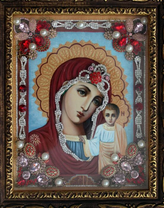 Icon with precious stones "Our Lady of Kazan" with topazes