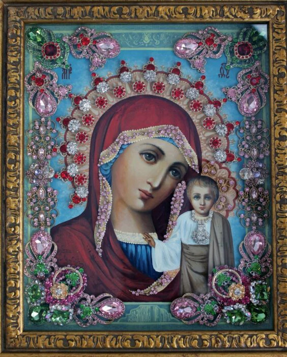 Icon with precious stones "Our Lady of Kazan" with topaz gilded
