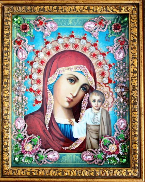 Icon with precious stones "Our Lady of Kazan" with topaz gilded