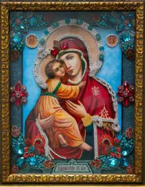 Икона с драгоценными камнями "Владимирская Богоматерь" позолоченная маленькая