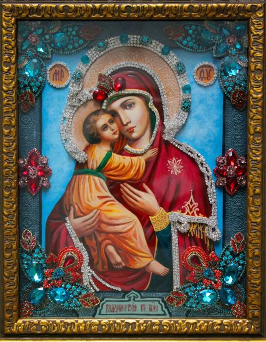 Icon with precious stones "Our Lady of Vladimir" gilded small