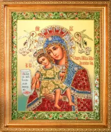 Icon with precious stones "Our Lady of Pochaev" with zirconium