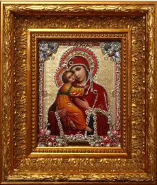 Икона с драгоценными камнями "Владимирская Богоматерь" с цирконием позолоченная
