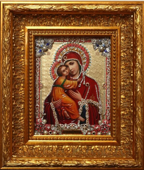 Icon with precious stones "Our Lady of Vladimir" with zirconium gilded