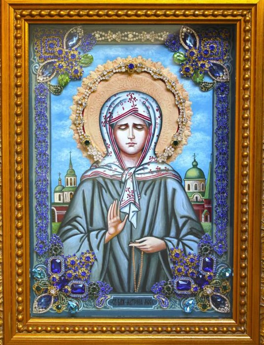 Icon with precious stones "Matrona of Moscow" gilded