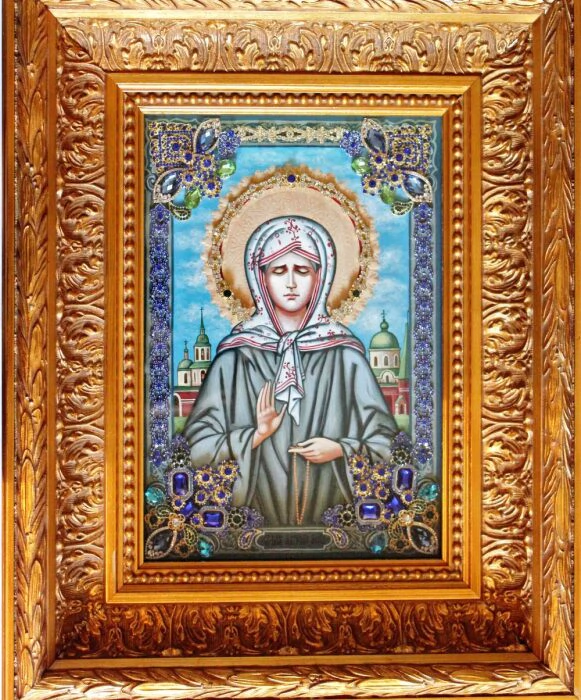 Icon with precious stones "Matrona of Moscow" gilded