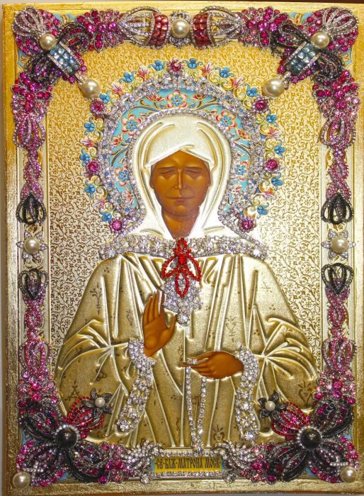 Icon with precious stones "Matrona of Moscow" gilded small