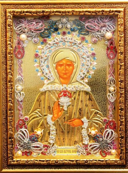Icon with precious stones "Matrona of Moscow" with pearls, gilded small