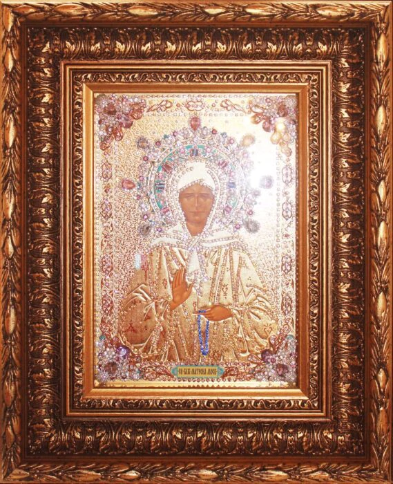 Icon with precious stones "Matrona of Moscow" with zirconium gilded