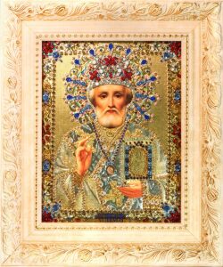 Икона с драгоценными камнями "Николай Мирликийский"