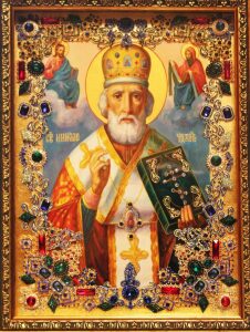Икона с драгоценными камнями "Николай Чудотворец" позолоченная