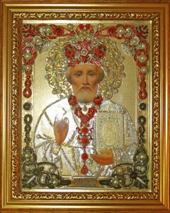 The icon with precious stones "Nicholas of Myra" gilded