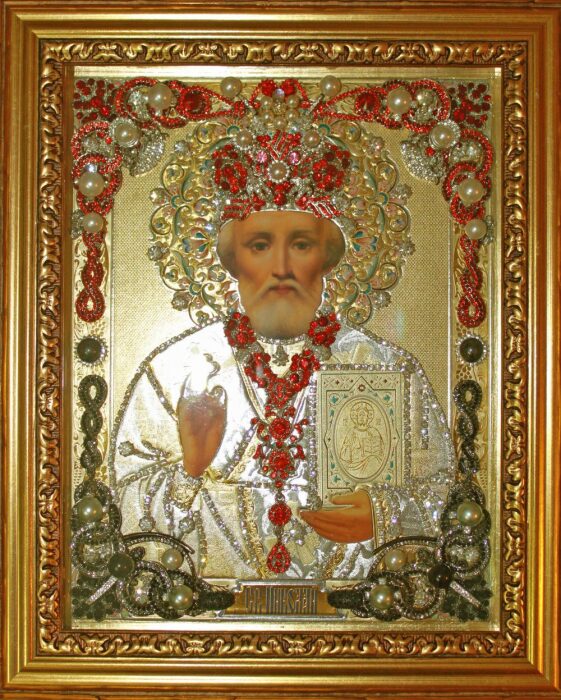 The icon with precious stones "Nicholas of Myra" gilded