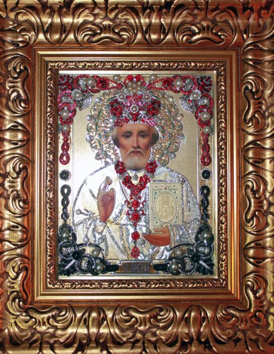 The icon with precious stones "Nicholas of Myra" gilded
