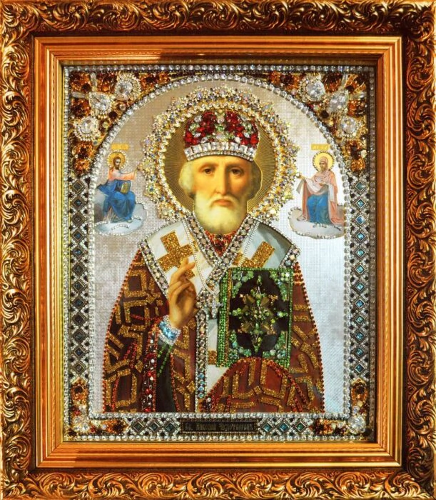 Icon with precious stones "Nicholas of Myra" gilded small