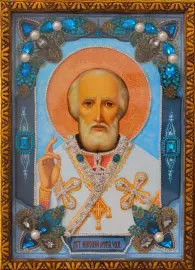 Икона с драгоценными камнями "Николай Чудотворец" с жемчугом позолоченная