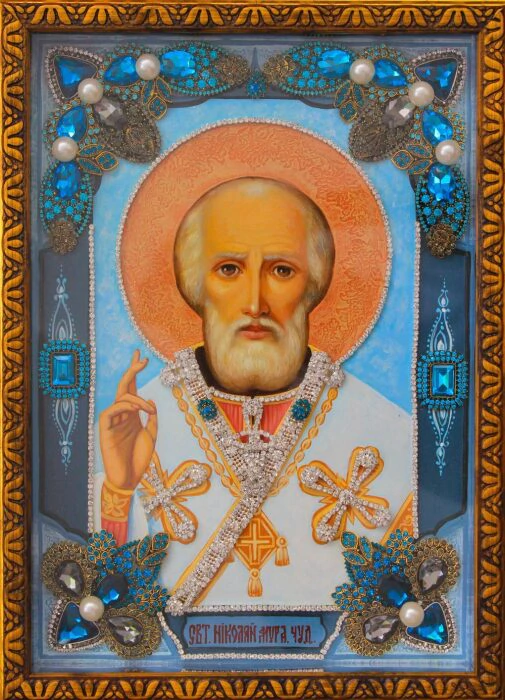 Icon with precious stones "Nicholas the Wonderworker" with pearls, gilded