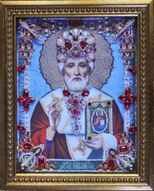 Икона с драгоценными камнями "Николай Чудотворец" с жемчугом позолоченная маленькая