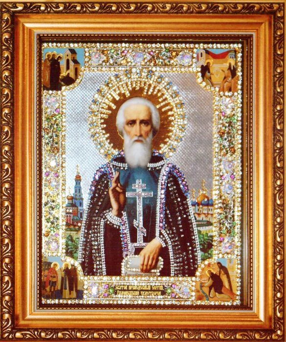 The icon with precious stones "St. Sergius of Radonezh" is gilded