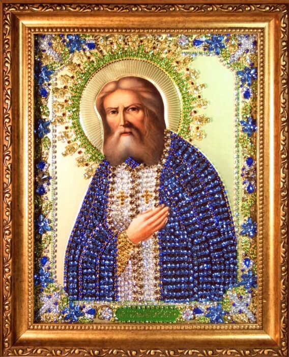 Icon with precious stones "Saint Seraphim of Sarov"