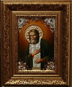 Icon with precious stones "St. Seraphim of Sarov" gilded small
