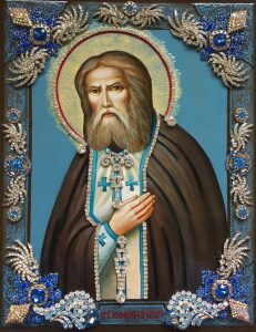 Icon with precious stones "Saint Seraphim of Sarov" with pearls