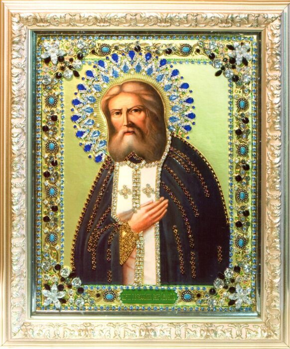 Icon with precious stones "St. Seraphim of Sarov" with zirconium