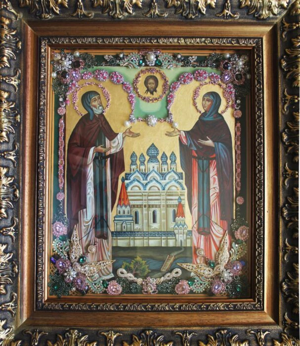 Icon with precious stones "Peter and Fevronia of Murom"