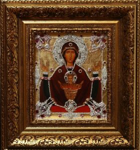 Icon with precious stones "Inexhaustible bowl" with hand gilding