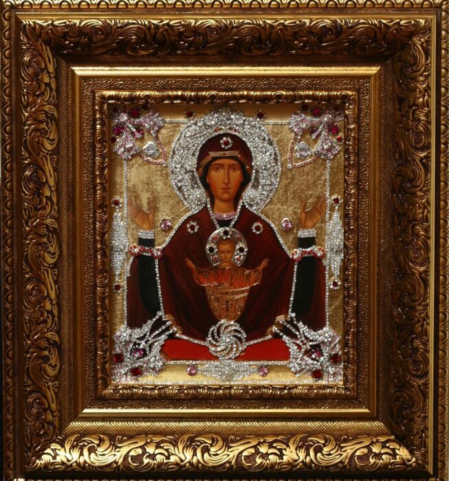 Icon with precious stones "Inexhaustible bowl" with hand gilding