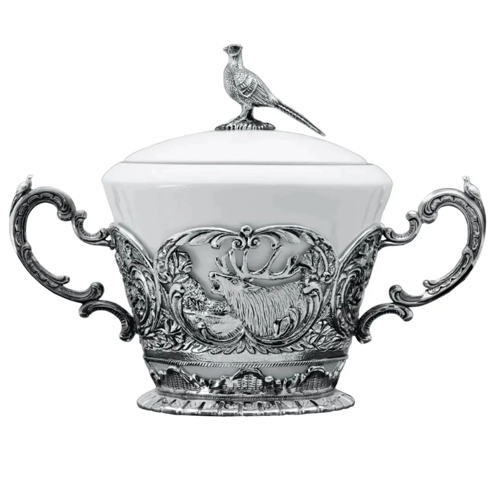 Set of silver "Royal Hunt": sugar bowl, creamer, kettle
