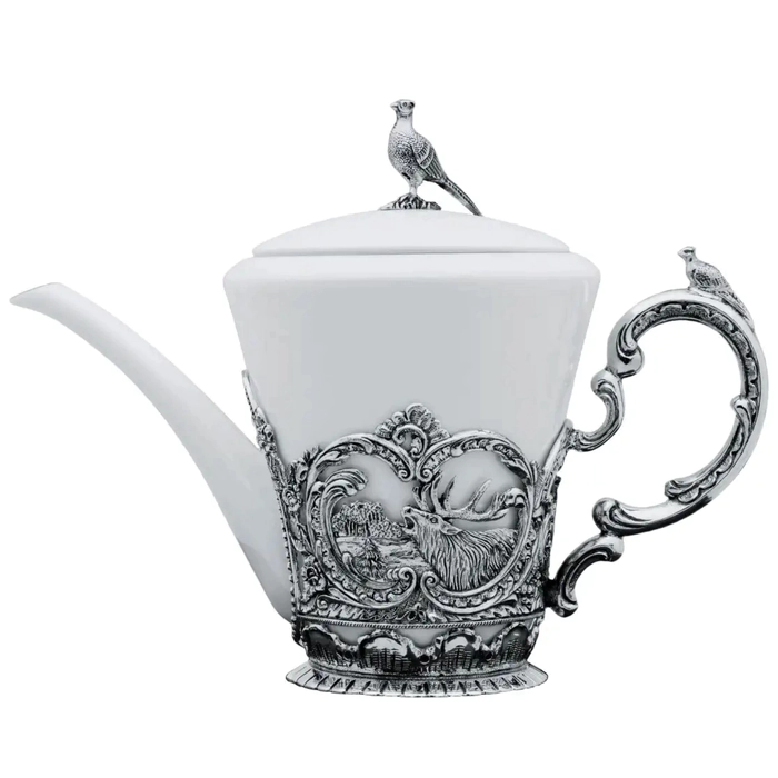 Set of silver "Royal Hunt": sugar bowl, creamer, kettle