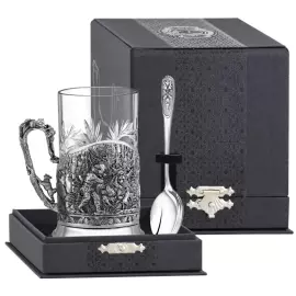 Silver-plated tea set "Bear Hunt": spoon, glass, cup holder, with blackening, for 1 person