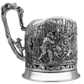 Silver-plated tea set "Bear Hunt": spoon, glass, cup holder, with blackening, for 1 person