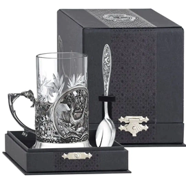 Silver-plated Rybatsky tea set: spoon, glass, cup holder, blackened, for 1 person