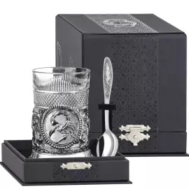 Посеребренный набор для чая "Скорпион": ложка, стакан, подстаканник, с чернением, на 1 персону
