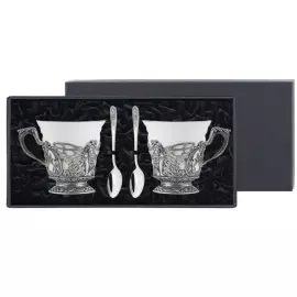 Посеребренный набор чайных чашек "Фея": ложка, чашка, с чернением, на 2 персоны