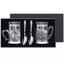 Silver-plated set of "Hunting and fishing" cup holders: spoon, glass, cup holder, with blackening