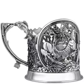 Silver-plated set of "Hunting and fishing" cup holders: spoon, glass, cup holder, with blackening