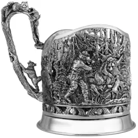Silver-plated set of "Hunting and fishing" cup holders: spoon, glass, cup holder, with blackening