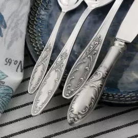 Silver-plated dining set "Flame": fork, spoon, knife, teaspoon, blackened
