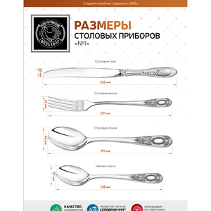 Посеребренный столовый набор "Рисунок №1": вилка, ложка, нож, чайная ложка, с чернением