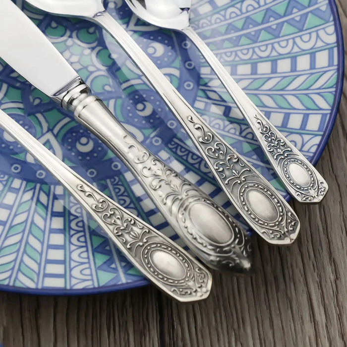 Silver-plated dining set "Drawing No. 1": fork, spoon, knife, teaspoon, blackened, for 6 persons