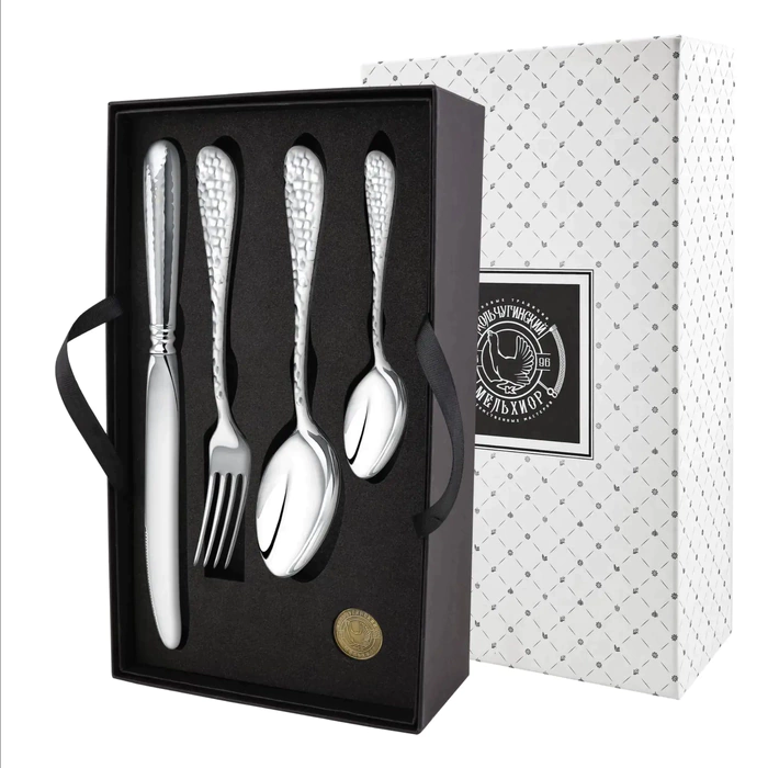 Silver-plated table set "Droplet" forged: fork, spoon, knife, teaspoon