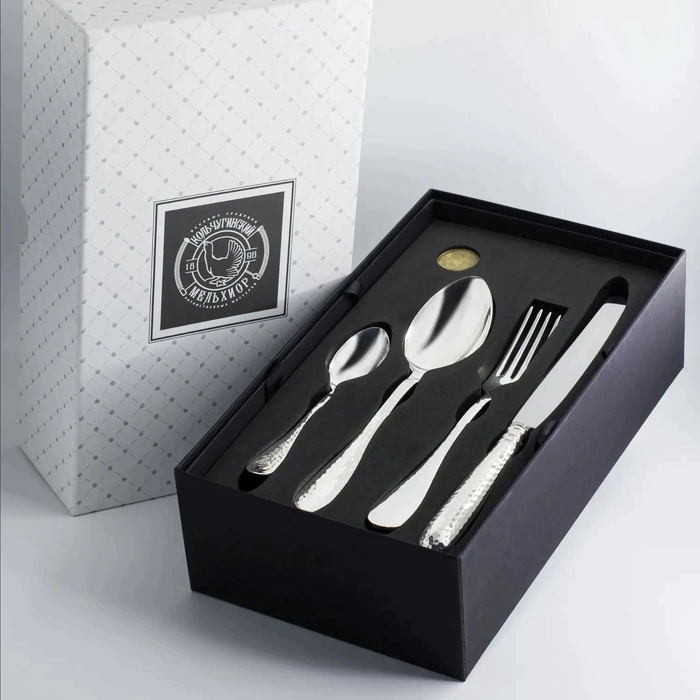 Silver-plated table set "Droplet" forged: fork, spoon, knife, teaspoon