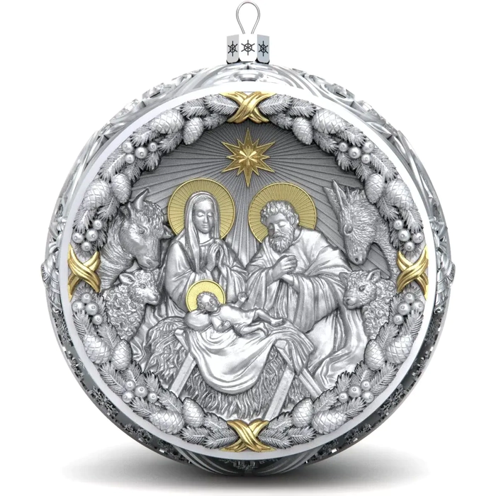 Серебряный елочный шар "Рождественский" с позолотой